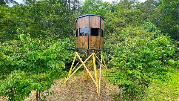 Elevated Surround View Hunting Blind in Green Forest Setting