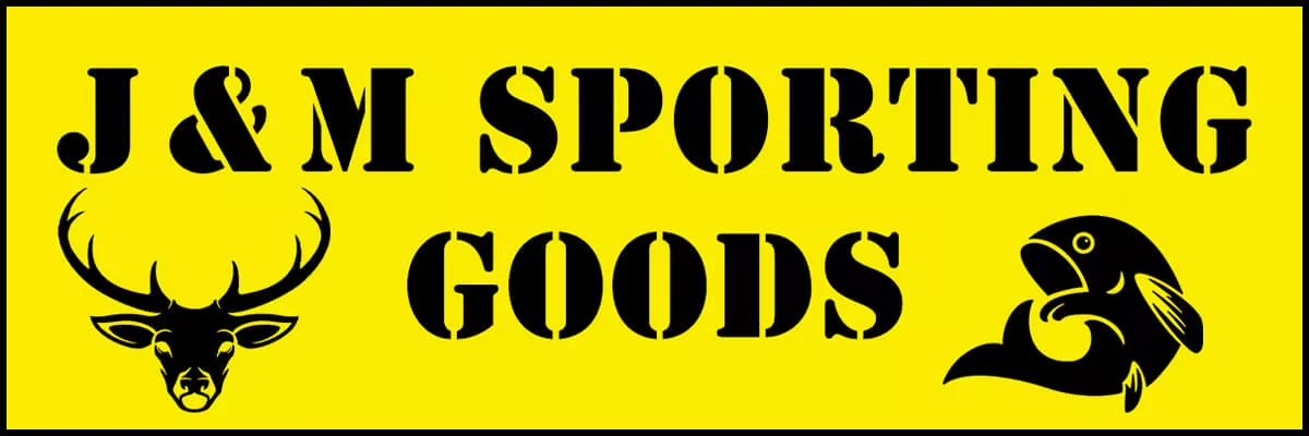 Yellow Banner with Text "J&M Sporting Goods" and Deer, Fish Images